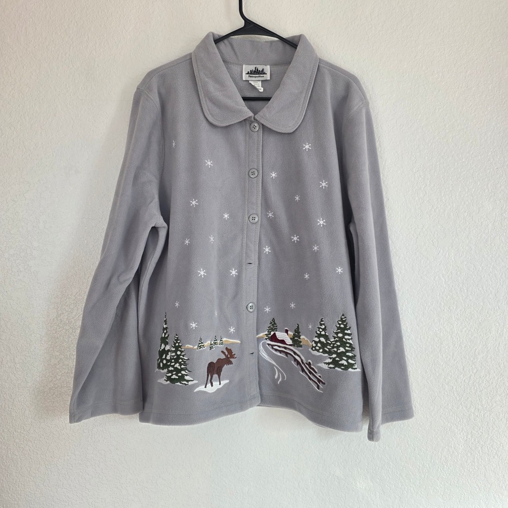 Metropolitan Light‎ Grey Fleece Up Cardigan Top Snowflake Moose Winter Scene XL